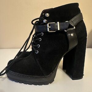 Vintage BCBG Black Suede Leather Buckle Lace High Heel Booties 7.5